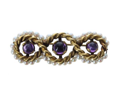 Attractive 14ct rope twist design brooch, with three cabouchon amethyst and a seed pearl border, 7.2gm, 38mm wide-Potentially