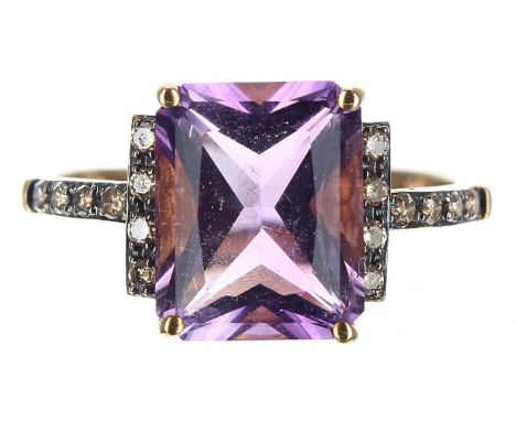 9ct amethyst and diamond set dress ring, 0.15ct, width 10mm, 2.3gm, ring size L 