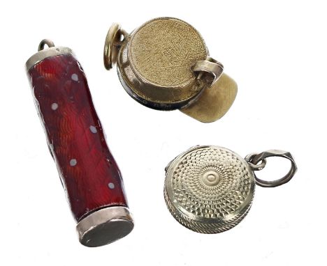 Miniature yellow metal circular mourning pendant, the interior with a display of hair, 1.9gm, 13mm; 9ct enamel pencil pendant