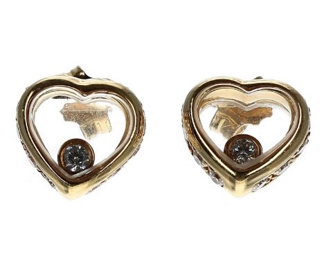 Pair of heart shaped floating diamond stud earrings in the manner of Chopard, 3gm, 9mm 