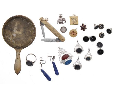 Asprey miniature silver hand mirror (no glass); 9ct mounted double blade fruit knife, 17.5gm; elephant silver charm, stud set
