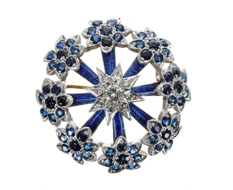 Attractive 18ct blue enamel sapphire and diamond circular floral design openwork brooch,&nbsp;the centre star motif in white 