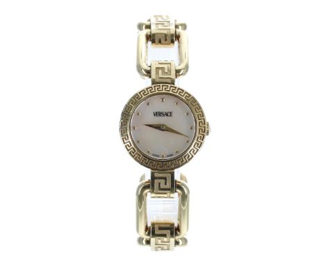 Versace Medusa gold plated lady's wristwatch, reference no. DSQ90, circular mother of pearl dial with dot markers, Medusa log