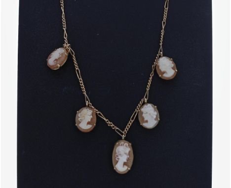 9ct cameo necklace, with five cameo&nbsp;portrait profile drops, 3.8gm, 15" long 