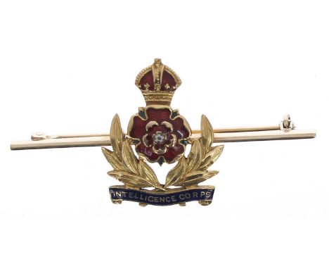 Military Intelligence Corps 9ct enamel brooch, 4.6gm, 50mm; 