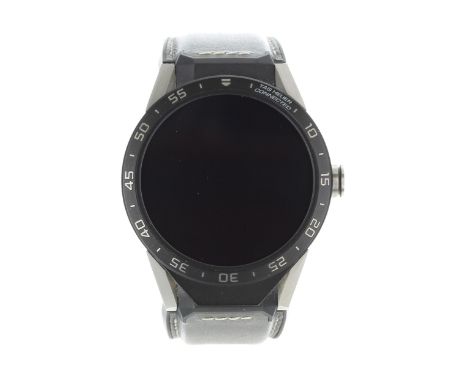 Tag Heuer Connected titanium smart wristwatch, reference no. SAR8A80, black dial, black bezel, grey leather strap with signed