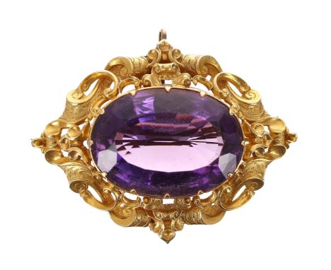 Attractive 19th century large oval amethyst brooch in a gold repousse mount, 19.2gm, 41mm x 54mm overall-The mount tests as h