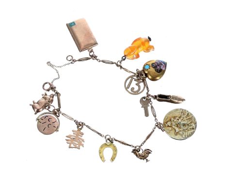 9ct charm bracelet with an assortment of charms including a 15ct enamel cherub charm, 15ct envelope charm and others, 18.1gm 