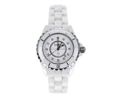 Chanel J12 white ceramic lady's wristwatch, reference no. H1628, serial no. Z.G.N.18xxx, circa 2017, white dial with diamond 