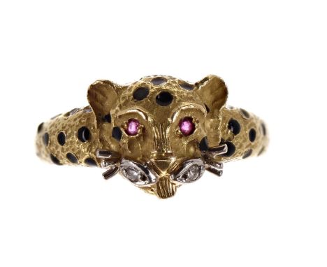 18ct leopard design ring, with black enamel spots, ruby set eyes and diamond set whiskers, width 10mm, 4.3gm, ring size L/M-N