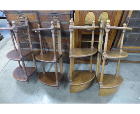 Four Ercol Golden Dawn elm and beech corner whatnots 
