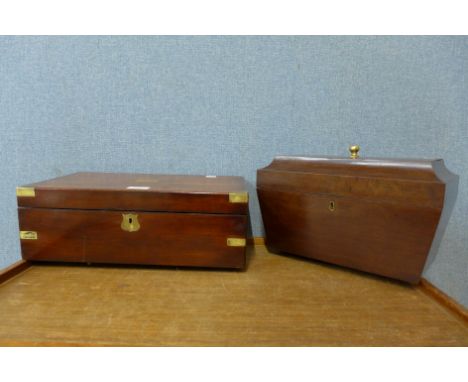 A Victorian walnut and brass mounted writing slope and a large sarcophagus shaped tea caddy 