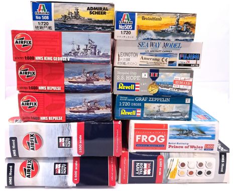 Italeri, Fujimi, Frog, Airfix &amp; Revell, a boxed group of mixed scale Warship kits to include Frog 1:600 NF-4002 British B
