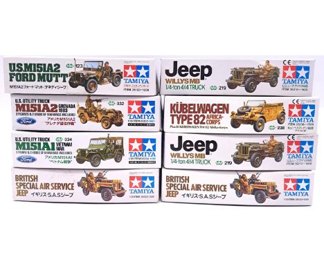 Tamiya, a boxed 1:35 scale military kit group to include 35033 British Special Air Service Jeep and others. Although unchecke
