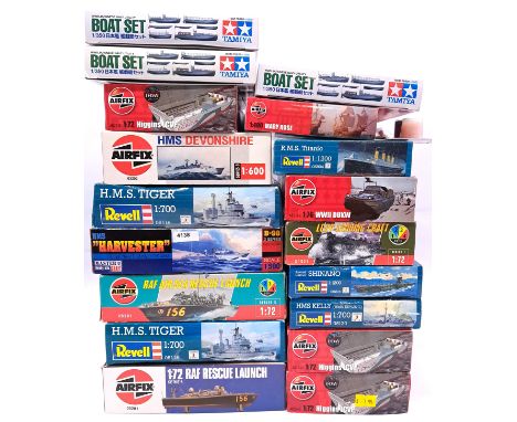 Tamiya, Airfix, Revell and similar, a boxed group of mixed scale mainly Warship kits (does include Titanic) to include Tamiya