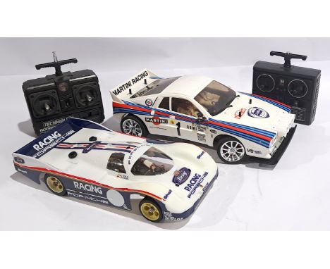 Tamiya Porsche &amp; Lancia Racing Cars &amp; Controllers mixed scale Radio Control Model Kits built, an unboxed pair.&nbsp; 