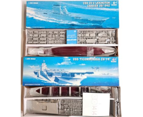 Trumpeter, boxed pair of 1:350 scale US Aircraft Carriers comprising of 05609 USS Ticonderoga CV-14 along with 05608 USS CV-2