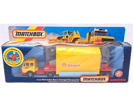 Matchbox "Superkings" a boxed K-135 Mercedes Benz Garage Transporter with Yellow cab, clear windows, red chassis, with Chrome