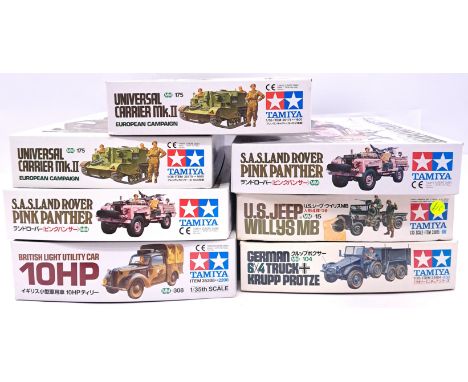 Tamiya, a boxed group of 1:35 scale military kit group to include 35076 S.A.S. Land Rover "Pink Panther" and others. Although