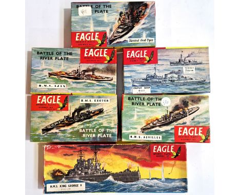 Eagle Plastic Kits, a small group of boxed early issue 1:200 scale vintage Military Warship kits comprising of HMS Exeter (Ba