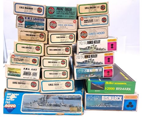 Airfix, Matchbox, Novo &amp; Heller, a boxed group of mixed scale Warship model kits to include Matchbox PK-351 Bismarck, Hel