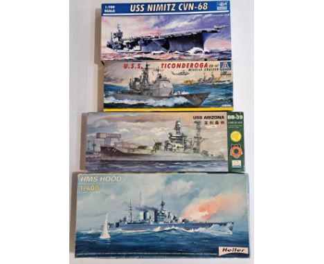 Italeri, Heller and similar, a boxed group of mixed scale military Warship kits to include Heller 1:400 scale 81081 HMS Hood,