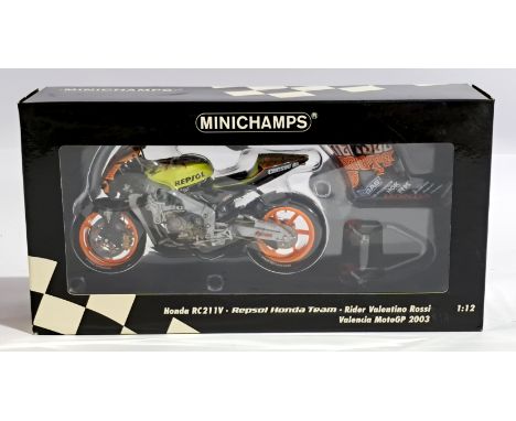 Minichamps scale 1:12 Honda RC211V &ndash; Repsol Honda Team &ndash; Rider Valentino Rossi &ndash; Valencia MotoGP 2003, boxe