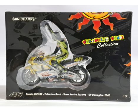 Minichamps scale 1:12 Honda NSR 500 Valentino Rossi &ndash; Team Nastro Azzurro &ndash; GP Donington 2000, boxed. Although un