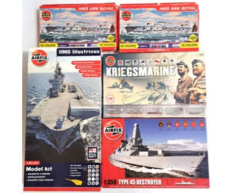 Airfix, a boxed group of mixed scale Warship kits to include 1:350 scale HMS Illustrious, 2x 04208G HMS Ark Royal, A12203 1:3