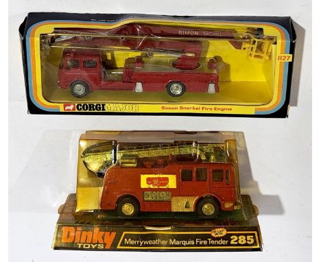Dinky Merryweather Marquis Fire Tender 285 (sealed pack) &amp; Corgi 1127 Major Simon Snorkel Fire Engine, a boxed pair. Alth