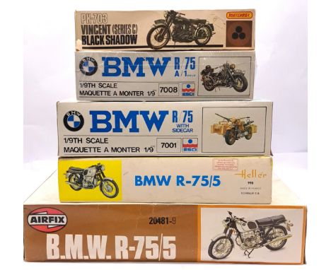 Airfix, ESCI, Matchbox &amp; Heller, a boxed group of larger mixed scale classic and Military Motorcycle kits comprising of E