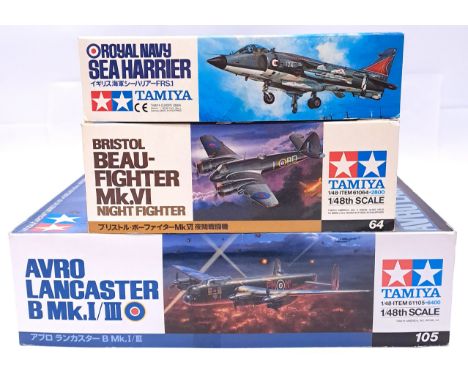 Tamiya, a boxed group of 1:48 scale military aircraft kits to include 61105 Avro Lancaster, 61064 Bristol Beaufighter Mk.VI (