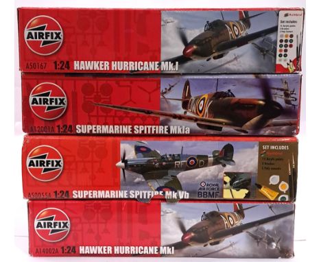 Airfix, a boxed group of 1:24 scale military aircraft kits to include A50055A Supermarine Spitfire Mk.VB, A14002A Hawker Hurr