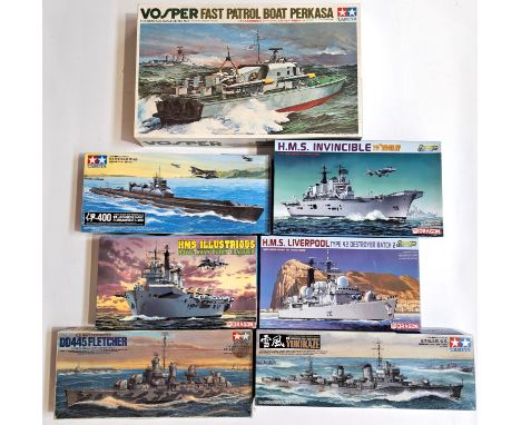 Tamiya &amp; Dragon, a boxed group of mixed scale Military ships to include Tamiya No.7201 a 1:72 scale Vosper Fast Patrol Bo