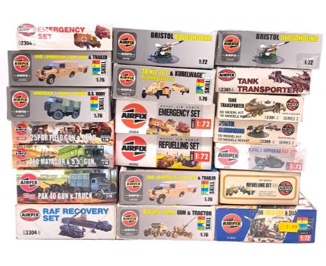 Airfix, a boxed mixed scale military kit group to include 02301-6 Tank Transporter, 03302-2 Refueling Set and others. Althoug