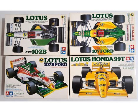 Tamiya, a boxed group of 1:20 scale plastic kits comprising of Lotus Formula 1 Racing Cars to include 20038 Lotus 107B Ford, 