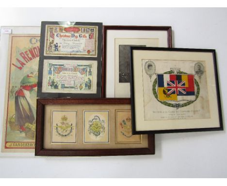Various framed First World War prints and ephemera including two 1915 Overseas Club certificates, a 1915 fund raising concert