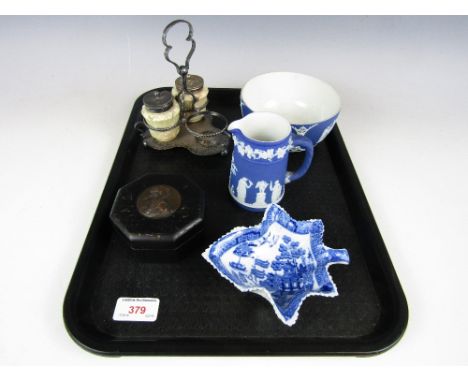 A Worcester part cruet together with a blue and white early 19th century pickle dish and a commemorative jug etc
