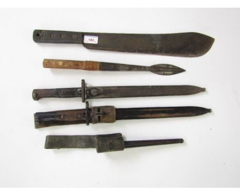 Two Mauser export bayonets, a No4 bayonet scabbard, a lance head and a machete