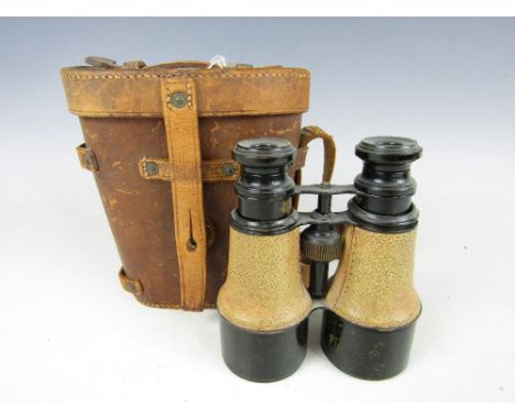 A 1916 British Army leather binoculars case and a contemporary set of field glasses