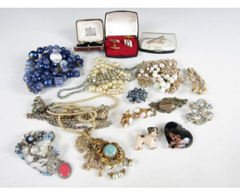 Various bead necklaces and a tie pin etc