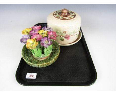 A Victorian Majollica cheese dome and a ceramic posy