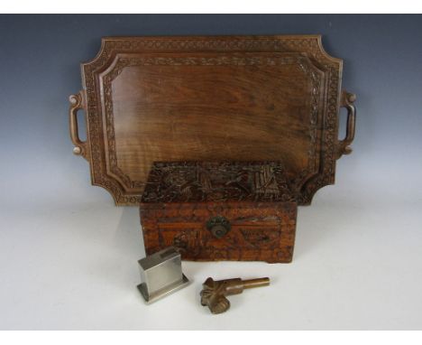A carved wooden box together with a Vestale lighter etc