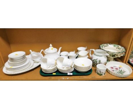 A Royal Albert part tea service, Portmeirion jug, side dish and flan dish and a Masons Chartreuse pedestal bowl. (1 shelf) 
