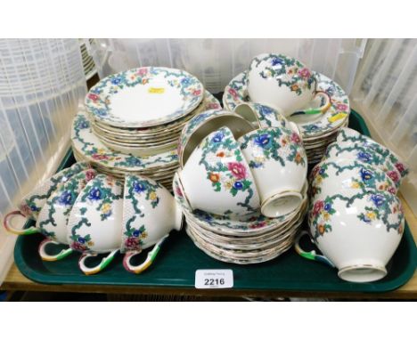 A Royal Cauldon Victoria pattern part tea service, with cups saucers coffee cups, bowls and plates. (1 tray)
