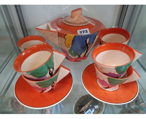 Reproduction Clarice Cliff Cubist Teapot and Cups and Saucers