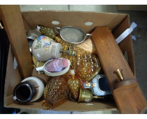 Box of assorted Pottery and glassware inc. Fruit decorated lamp base, Art Deco Jug etc.