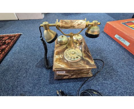 Vintage American Marble Telephone, marble base with cradle for handset, and twin brass ringers.