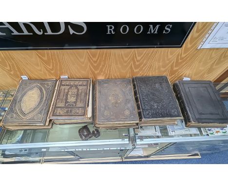 Five Large Family Holy Bibles, Old &amp; New Testament, leather bound, coloured plates, front of one inscribed with 'Thy Word