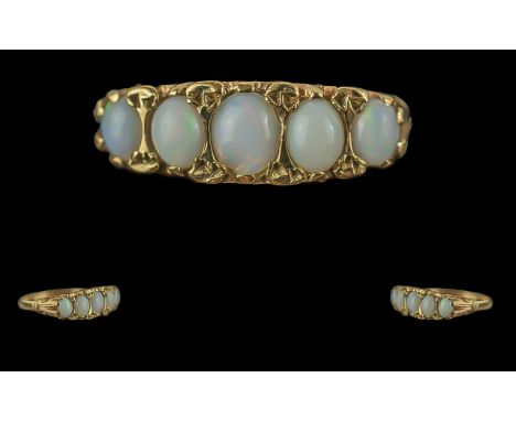 Antique Period Ladies - Attractive 9ct Gold 5 Stone Opal Set Dress Ring, Raised Ornate Setting, Full Hallmark to Interior of 